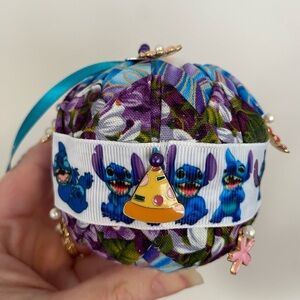 Stitch Handmade Quilted Holiday Ornament with Blue/Purple fabric,flower charms